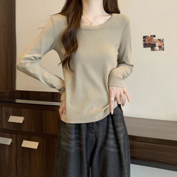 大碼女裝春秋新款水滴U領螺紋純色內搭打底衫胖mm寬松長袖T恤上衣