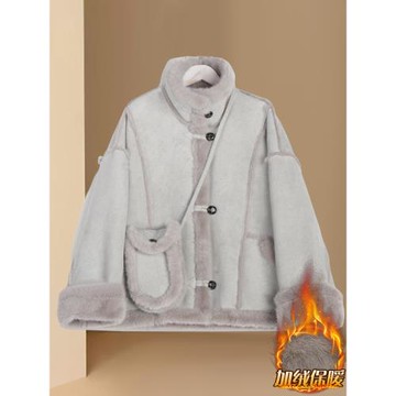 冰川藍皮毛一體外套女短款2026冬裝新款加厚保暖小個子羊羔毛棉衣