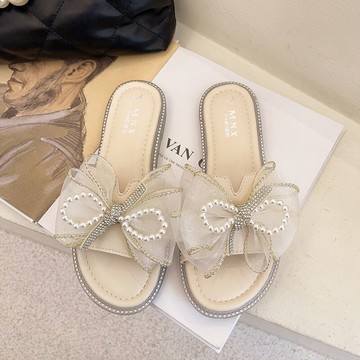 網紅涼拖鞋女外穿時尚年新款夏天百搭蝴蝶結水鉆ins潮一字拖