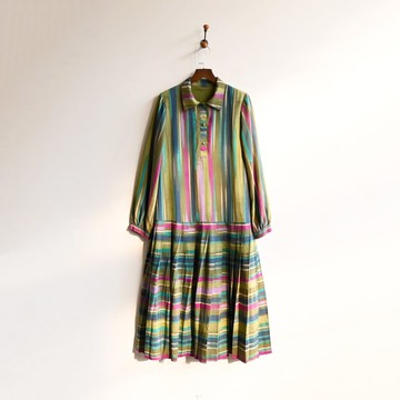 【蛋植物古著】茵青山原條紋印花百褶古著洋裝