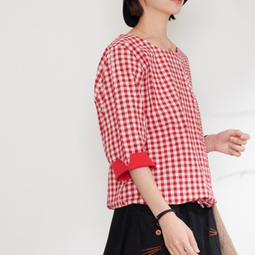慢 生活 色織格紋拼接抽繩上衣-紅/藍