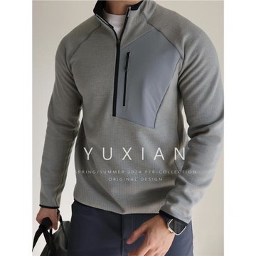 YUXIAN方格暖絨立領戶外運動半拉鏈長袖衛衣抓絨彈力外套加厚冬季