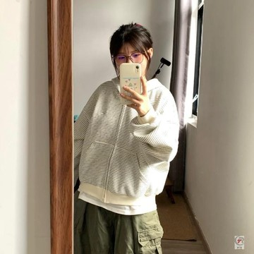 🎈流行女裝🎈美式條紋連帽拉鍊外套男女2025新款設計寬鬆小衆開衫衛衣