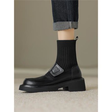 原野圓頭厚底真皮拼接靴子短筒襪