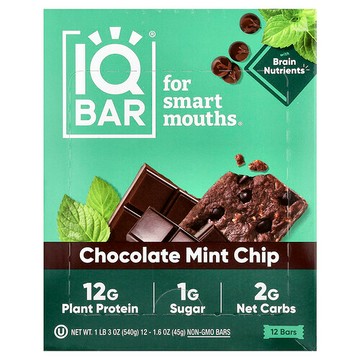 IQBAR, 植物蛋白質棒，巧克力薄荷碎，12 根，每根 1.6 盎司（45 克）