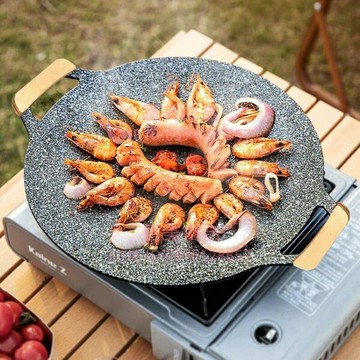 烤盤戶外露營烤盤韓式烤肉盤卡式爐燒烤盤鐵板燒烤肉鍋家用麥飯石煎盤28cm【聚寶屋】