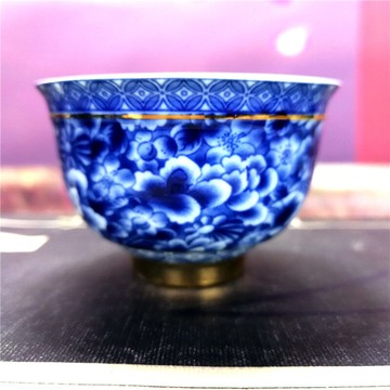 青花小茶杯萬地金花陶瓷品茗杯功夫茶具單杯主人杯茶道配件泡茶杯