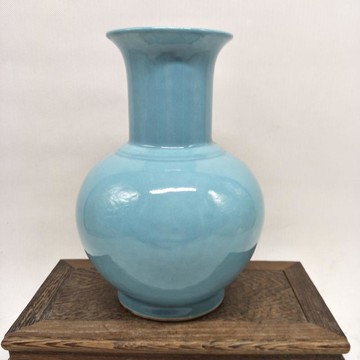 清乾隆年制單色釉天藍大肚賞瓶 民間收藏品家居擺件仿古工藝瓷器1入