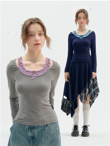 ziziFei秋冬設計感芭蕾風假兩件蝴蝶結掛脖修身顯瘦針織打底衫女