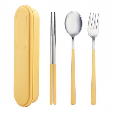 Cooksy 304不鏽鋼環保餐具/高溫耐受便攜式餐具 3件組 21.5 x 5.5 x 3cm  1組  叉 + 匙 + 筷  黃色