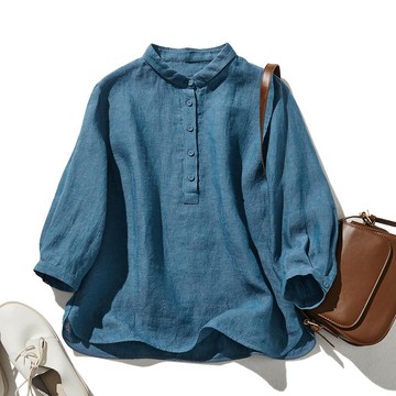 法式亞麻襯衫 透氣親膚 輕奢簡約 歐系優雅 暗藍色 240404-4