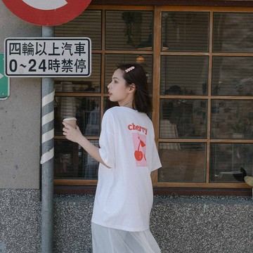 刺繡CHERRY櫻桃印圖寬版短袖上衣
