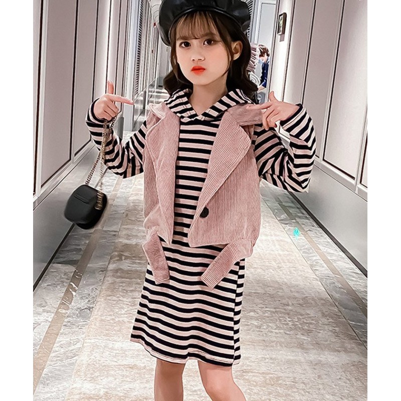 ミニミニストア キッズ 子供服 女の子 ボーダー柄ワンピース ベスト 長袖 2点セット カジュアル 中学生 可愛い 暖かい ブラウン Miniministore 通販 Lineポイント最大get Lineショッピング