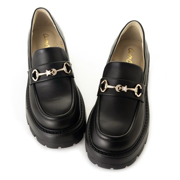 輕奢星星月亮鑽馬銜釦輕量厚底樂福鞋 黑  LF14-41BK