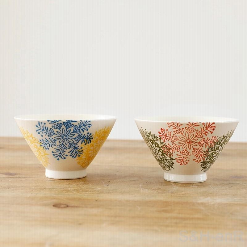波佐見焼 茶碗 ペアセット 勲山窯 カラー幾何花紋 夫婦茶碗 お