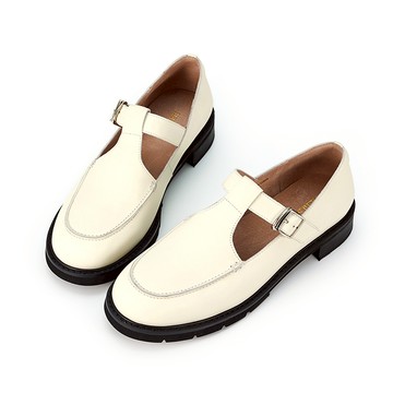 [獨家訂製楦型]全真皮圓頭T字瑪莉珍厚底鞋 米白色