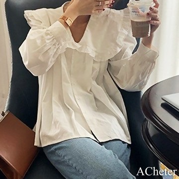【ACheter】chic寬鬆百搭荷葉邊翻領長袖襯衫短版上衣# 119387 (現貨+預購)