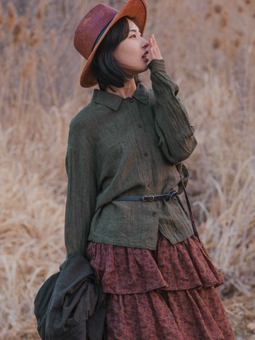 墨綠色 亞麻褶皺長袖襯衫開衫外套