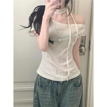 Amyway【韓系辣妹】波點印花掛脖系帶簡約一字肩短袖性感辣妹上衣