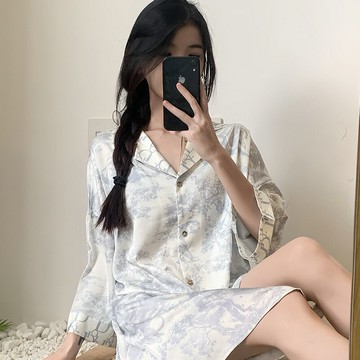 現貨+預購 女絲質居家睡衣套裝緞面上衣絲綢睡衣冰絲睡衣長袖睡褲-水墨襯衫裙74kl39【獨家進口】【米蘭精品】