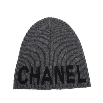CHANEL 早春新款羅紋大CHANEL LOGO羊毛線帽 (灰色)
