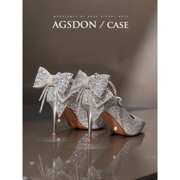 奧古獅登尖頭高跟鞋女2025新款銀色細跟秀禾婚紗新娘伴娘鞋涼鞋子