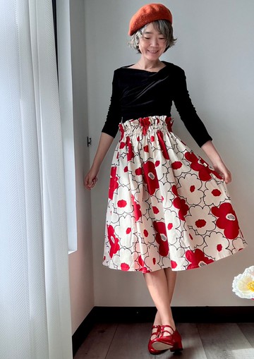 高腰花苞長裙紅花款