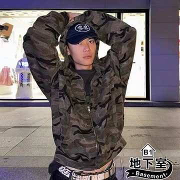 地下室B1-連帽外套 日系復古寬鬆迷彩連帽拉鍊外套 寬鬆 軍事風 衛衣 開襟連帽衫【NL685027】