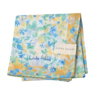 Laura Ashley 日本製黃藍碎花品牌字母LOGO帕領巾(50CM)