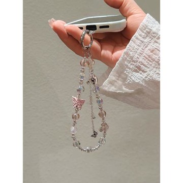 輕奢粉色蝴蝶手機掛鏈條夜光串珠掛件水晶手腕ccd相機電話殼掛繩