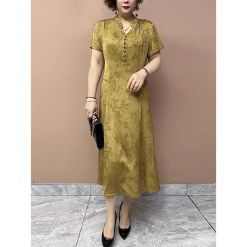 夏季新款短袖真絲旗袍裙高品質媽媽裝50-60歲大碼V領暗紋顯瘦長裙