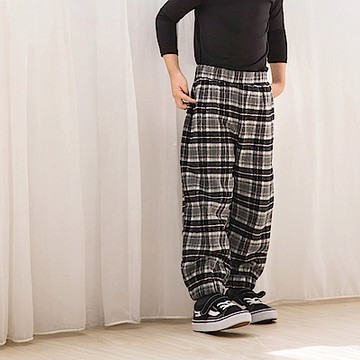 保暖格紋毛呢鬆緊腰縮口褲-OB嚴選