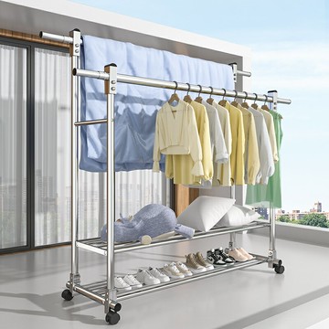 【免運】陽台落地晾衣架 曬被子衣服曬衣架 室內外雙桿伸縮款 加厚加粗雙層置物架 掛衣架