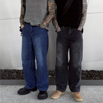 【衣衫倉庫】BAGGYJEANS 街頭 重磅 2色 水洗 寬鬆  貓鬚 牛仔長褲