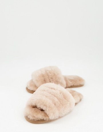 ASOS DESIGN Zola premium sheepskin slippers in beige-Neutral