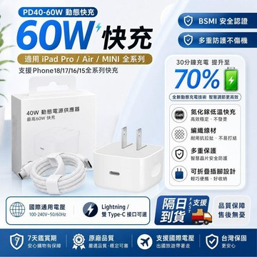 PD60W快充頭 適用ipad充電器 iPad Pro Air Mini系列快速充電頭Type-C線 適配蘋果平板快充組