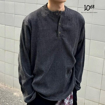 『1068』美式 復古 亨利領 V領 紋路 慵懶 休閒 百搭 長袖 上衣 長袖T【A91610】