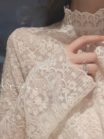 秋冬季半高領蕾絲打底衫女加絨長袖超仙氣質毛衣內搭刺繡網紗上衣