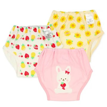日本西松屋 - 三層密縫式學習褲3件組-兔兔/向日葵/水果-粉紅&黃