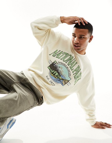 ASOS DESIGN oversized sweatshirt with front print in beige fleece-Neutral