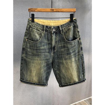 高端棉質感復古黃泥染潮牌牛仔短褲男夏季薄款寬松五分褲美式褲子