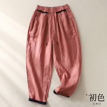 初色 文藝棉麻風涼爽透氣撞色拼接彈性腰圍收腰繫帶休閒寬褲九分長褲-共4色-30175(M-2XL可選)