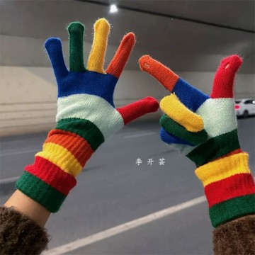 臺灣/✨ 騎車手套 防寒手套 手套彩虹彩色條紋手套針織新款加厚毛線冬季騎行保暖防寒可愛學生可觸
