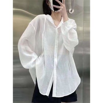 透氣連帽防曬襯衫女2023夏季新款慵懶風寬松長袖外搭薄款防曬上衣