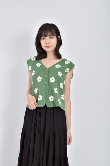 (L) mo bo質感棉質無袖針織滿版花花綠色外套