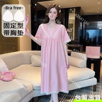 【夏季新款】梭織麻布睡衣女 短袖睡裙 帶胸墊 中長款 胖MM加肥加大碼睡裙 甜美少女睡裙 連衣裙 女生睡衣 連體家居服