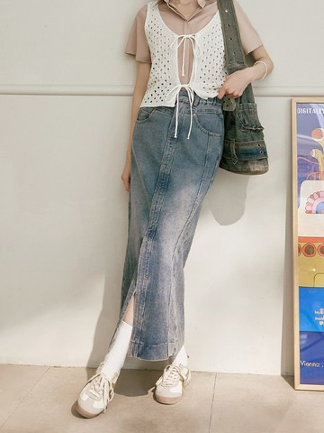 純棉腰鬆緊前開衩牛仔裙