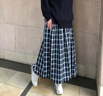 海軍藍格紋打褶 gather skirt 內襯訂製款