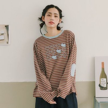 【Dailo】胖鳥BINGO條紋拼接上衣 黑 白 咖