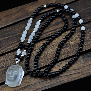 招財辟邪開運 天然白水晶佛頭黑瑪瑙白瑪瑙925純銀項鏈毛衣鏈女款1入